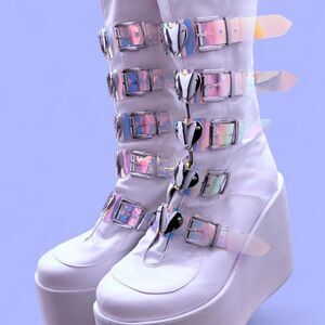 White platform boots with holographic metal heart buckles size 9 W
